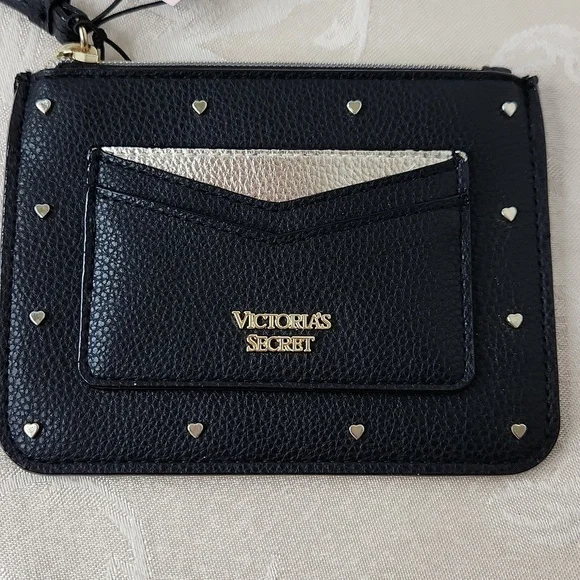 Victoria's Secret small wristlet key holder coin purse black gold heart studded - Picture 5 of 5